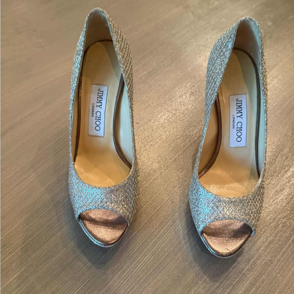 Jimmy Choo Glittering Silver Peep Toe Heels